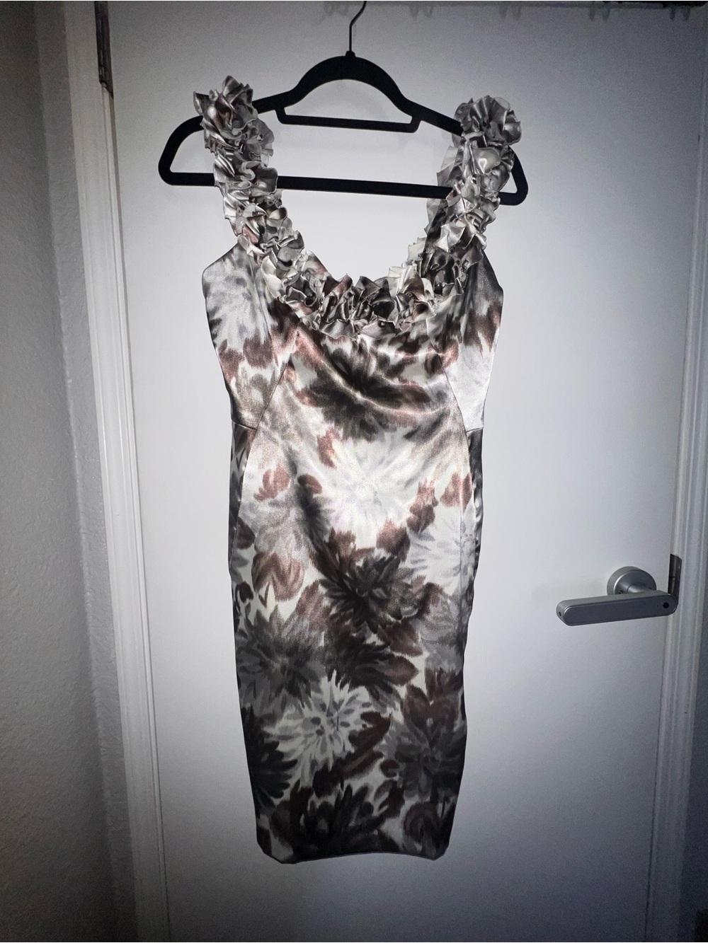 Floral Ruffle-Neck Cocktail Dress in Brown and Cream